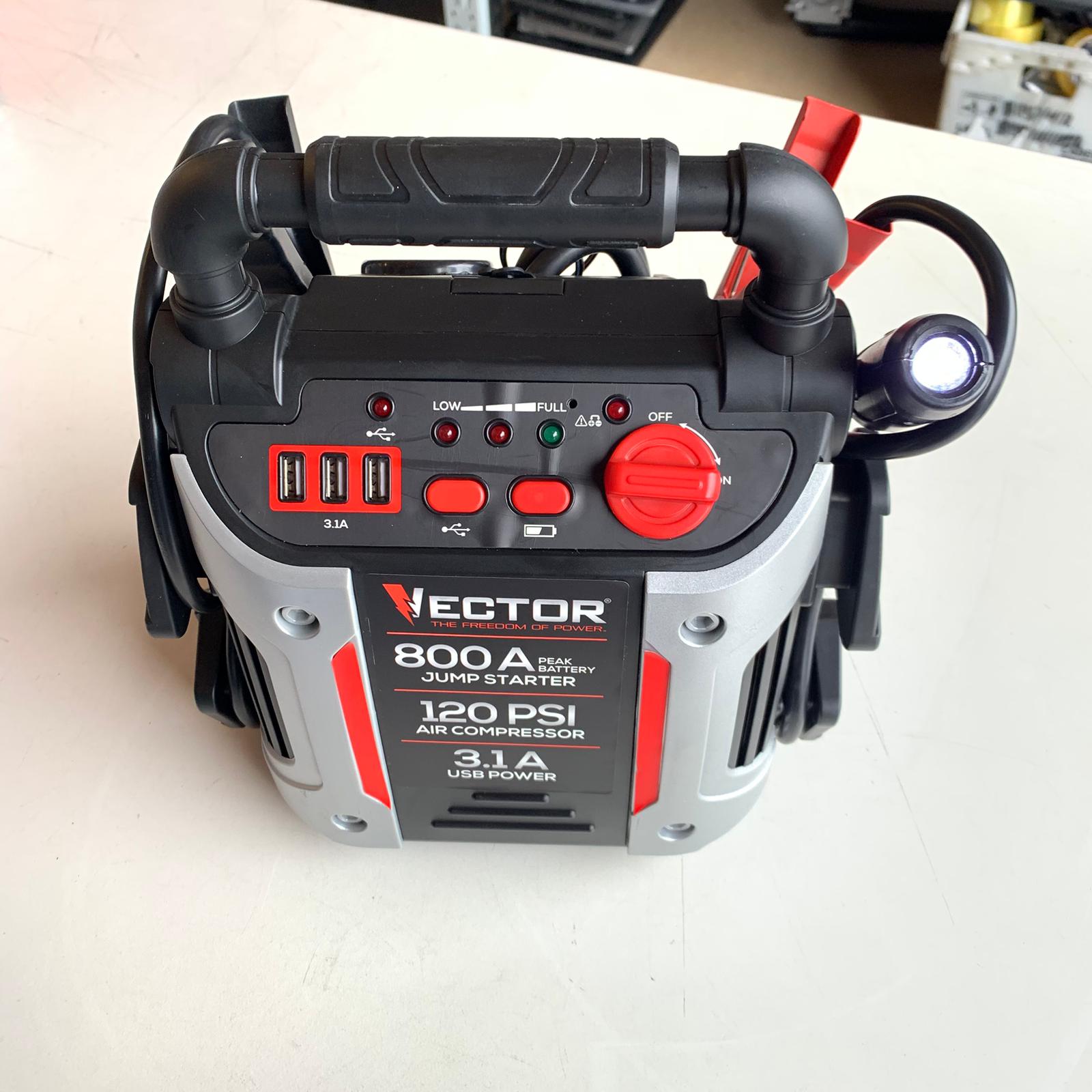 800 Peak Amp Automotive Jump Starter, Portable Power - Triple 15W USB Ports, 120 PSI Air Compressor (J7CV) 800 Peak Amp Automotive Jump Starter, Portable Power - Triple 15W USB Ports, 120 PSI Air Compressor (J7CV)